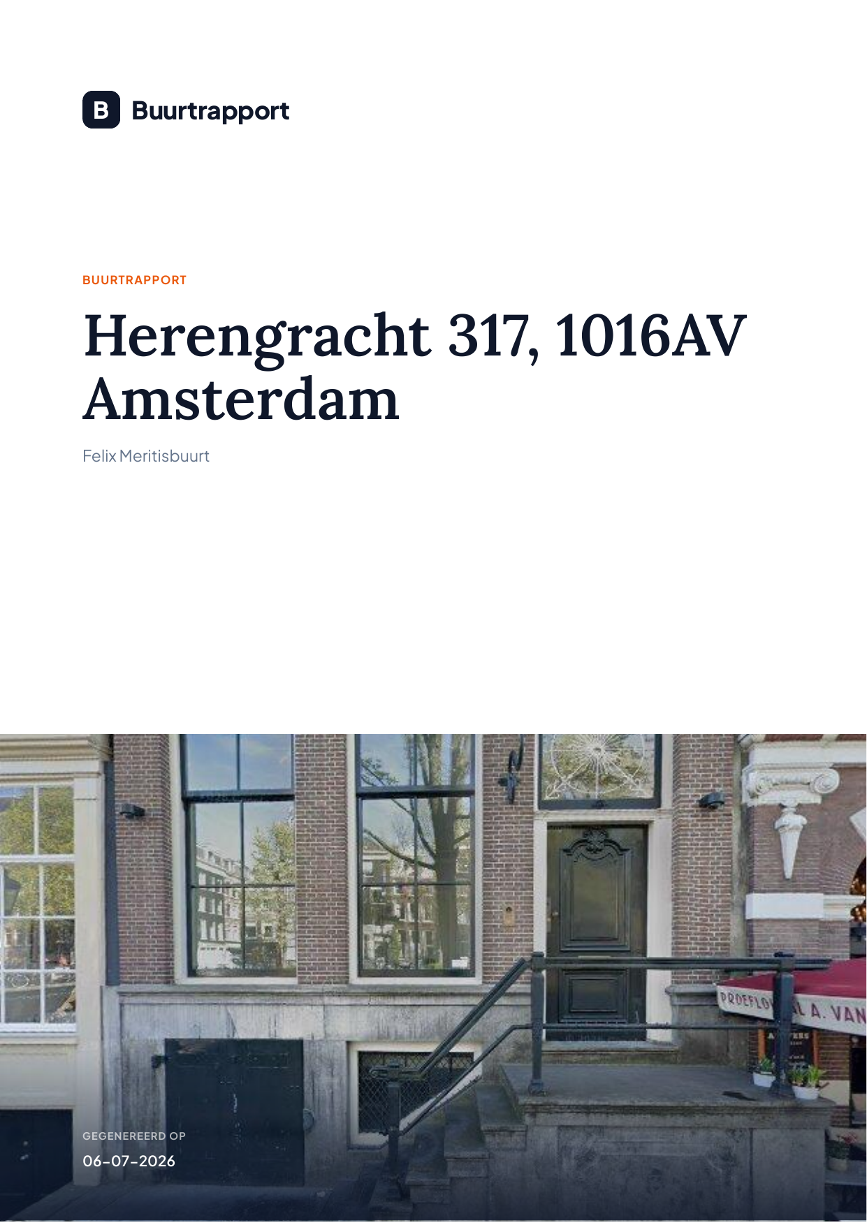 Voorpagina van een Buurtrapport voor een adres in Amsterdam